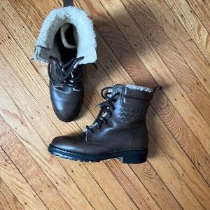 Bottega Veneta Eldfell shearling lined lace-up combat boots, brown, size 9
